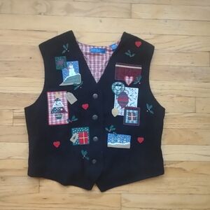 Karen Scott Women’s Christmas Vest Black Holiday Patchwork Embroidered Size M
